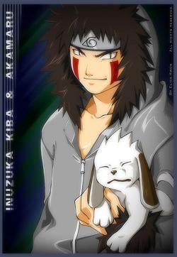 kiba inuzuka si nelipsitul si loialul lui akamaru. (aka=rosu) 
kiba este parte clanului inuzuka care